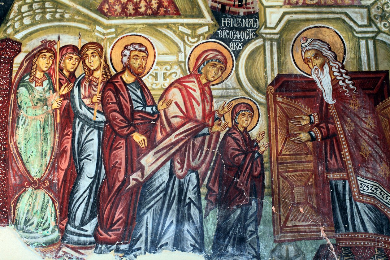 Affresco bizantino del XV secolo (dettaglio), Presentazione di Maria al Tempio, Chiesa dell