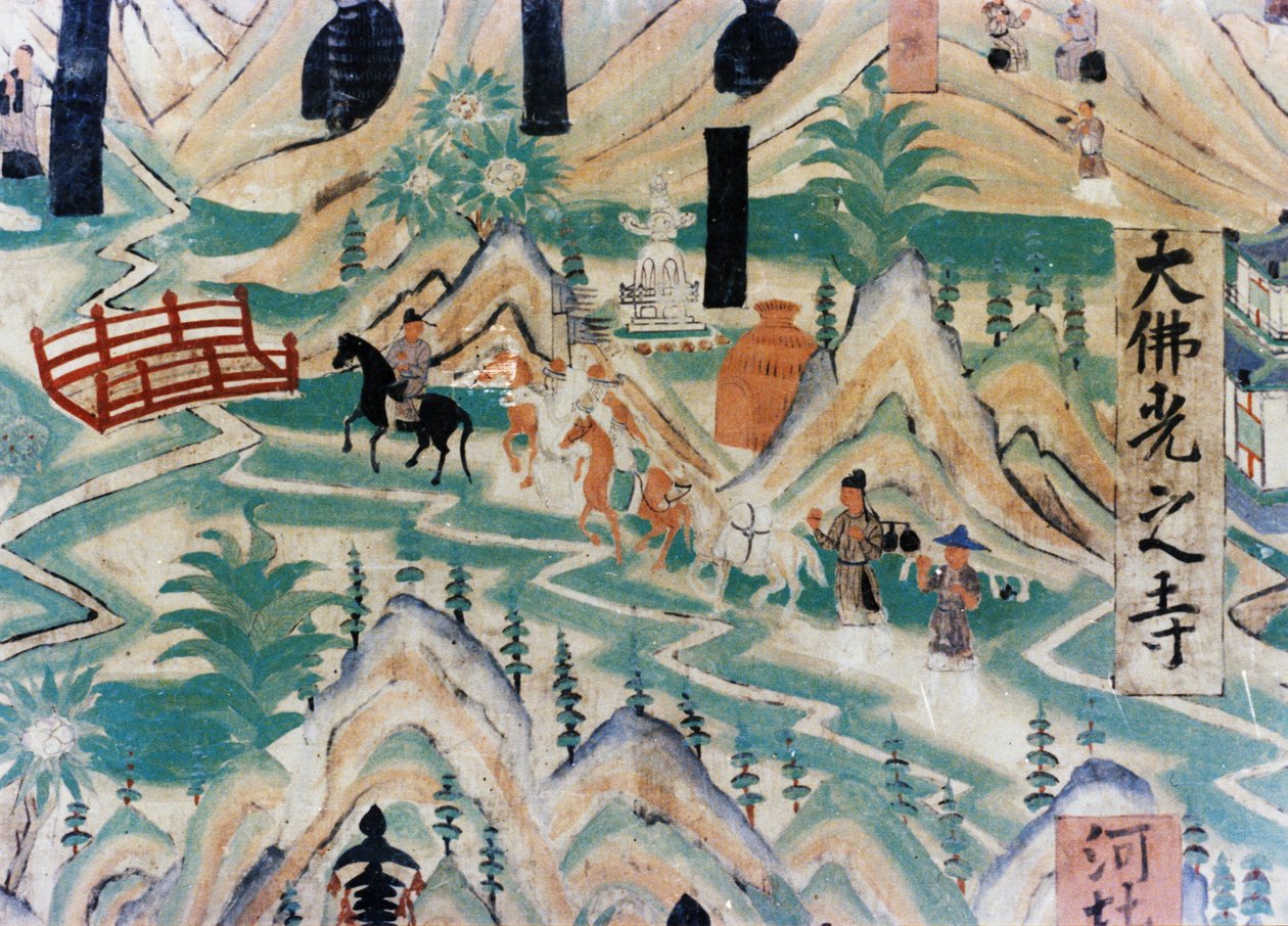 Dettaglio della Mappa del Monte Wutai (Wutaishan), un affresco realizzato durante le Cinque Dinastie (907 - 960) nelle Grotte di Dunhuang, che raffigura pellegrini in viaggio lungo una strada da Unknown