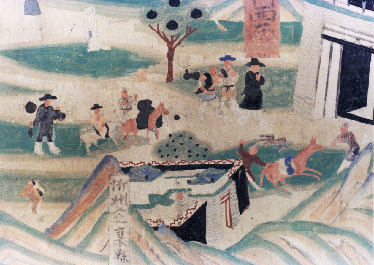 Dettaglio della Mappa del Monte Wutai (Wutaishan), un affresco realizzato durante le Cinque Dinastie (907 - 960) nelle Grotte di Dunhuang, che raffigura pellegrini che arrivano a una locanda per la notte da Unknown