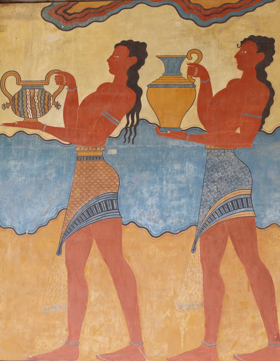 Sito archeologico minoico di Cnosso. Arte minoica. Figure del "fresco della processione" dal palazzo di Cnosso. Ingresso sud. Copia di un dipinto murale a rilievo di cui sono stati trovati pochi frammenti da Unknown
