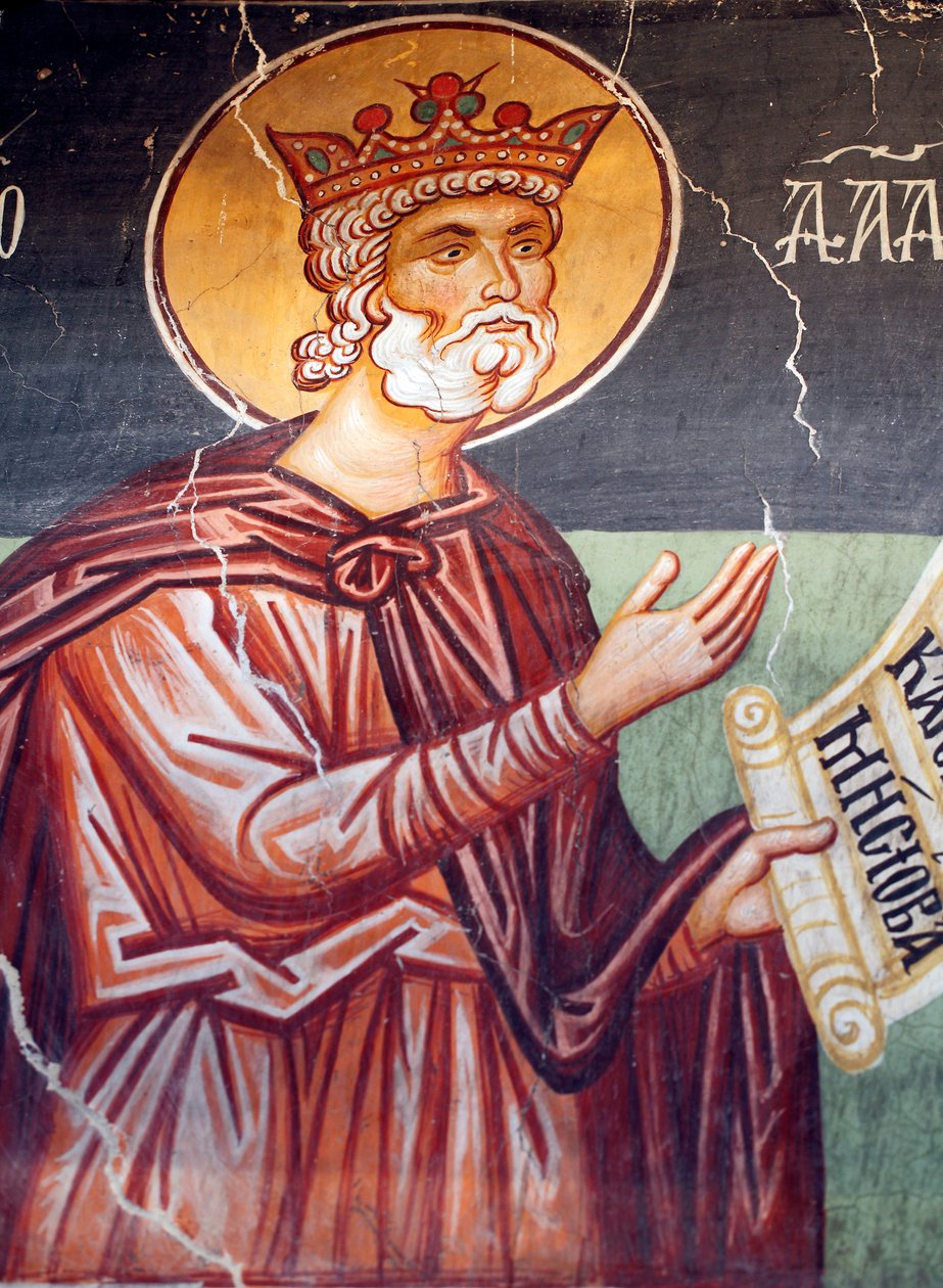 Affresco bizantino del XV secolo (dettaglio), primo re e profeta Davide, Chiesa dell