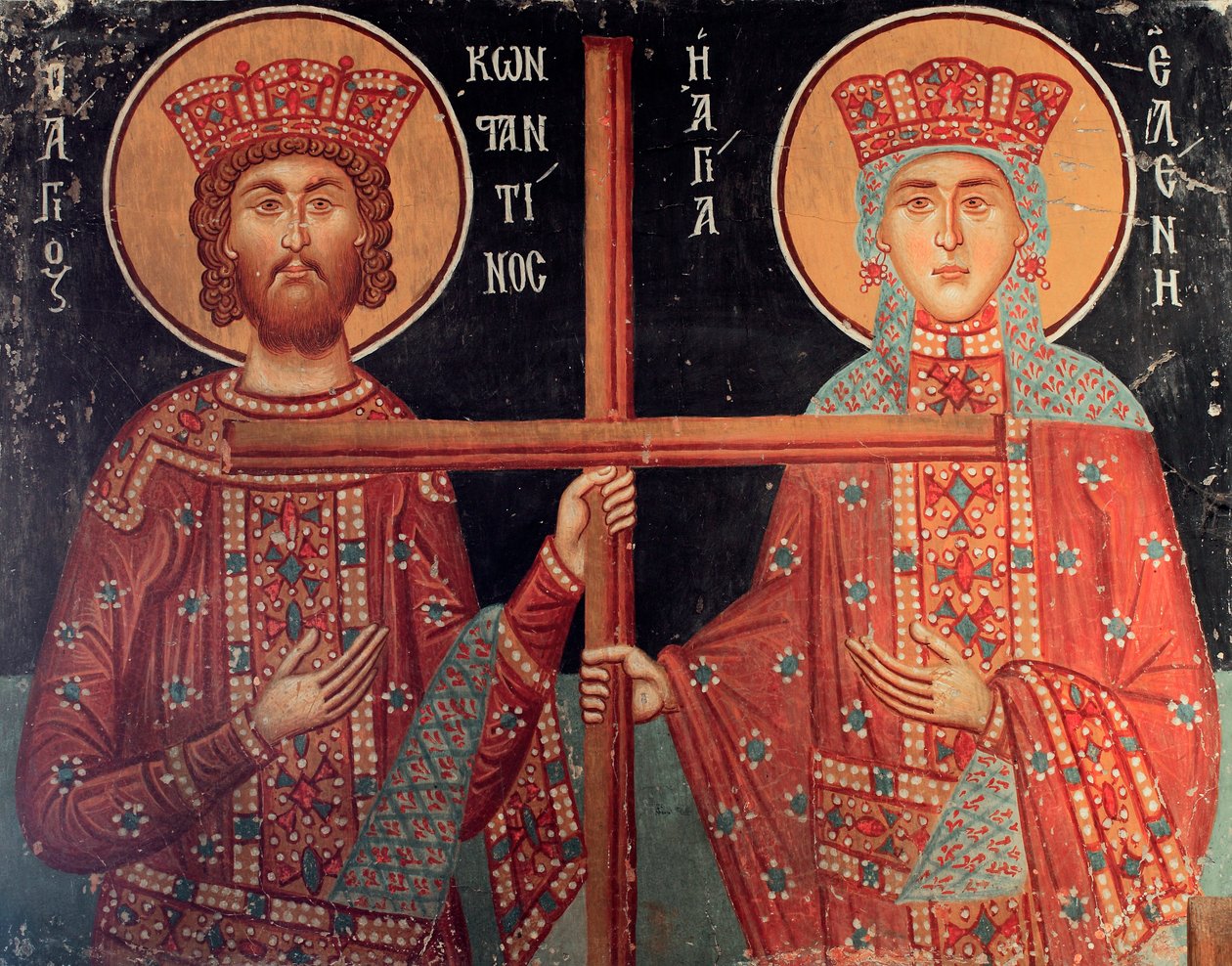 Affresco bizantino del XV secolo, imperatore Costantino e sua madre Elena, Chiesa dell