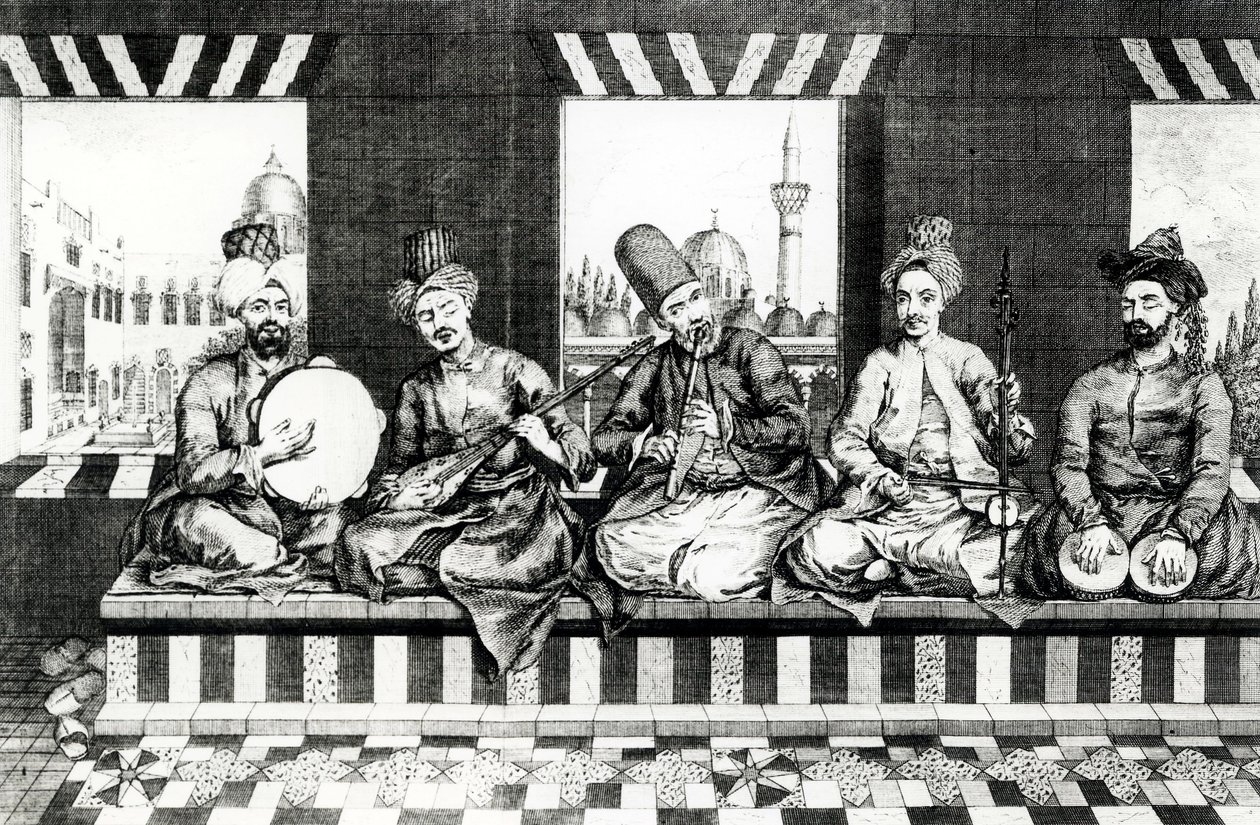 Un gruppo di musicisti orientali (incisione) da English School