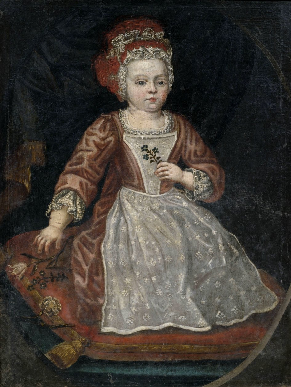 Ritratto di una bambina in abito rosso con grembiule bianco da Anonymous