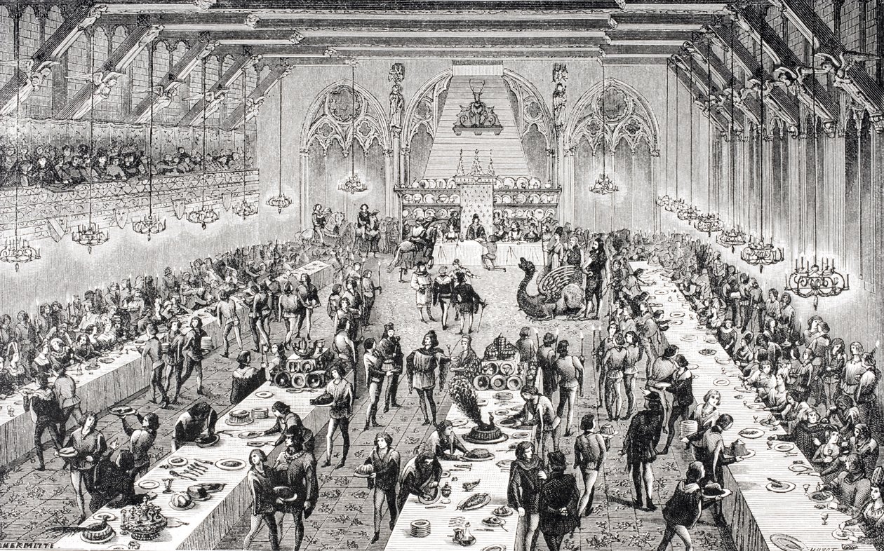 Grande banchetto cerimoniale alla corte francese nel XIV secolo, da un