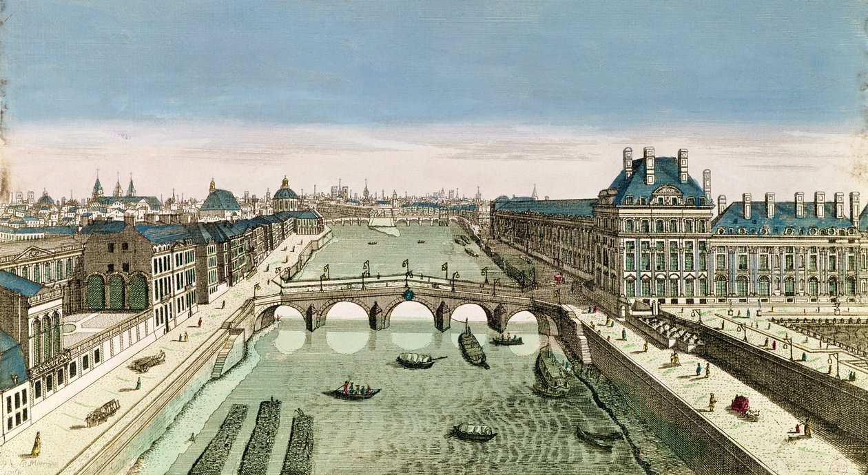 Veduta prospettica di Parigi dal Pont Royal (incisione colorata) da French School