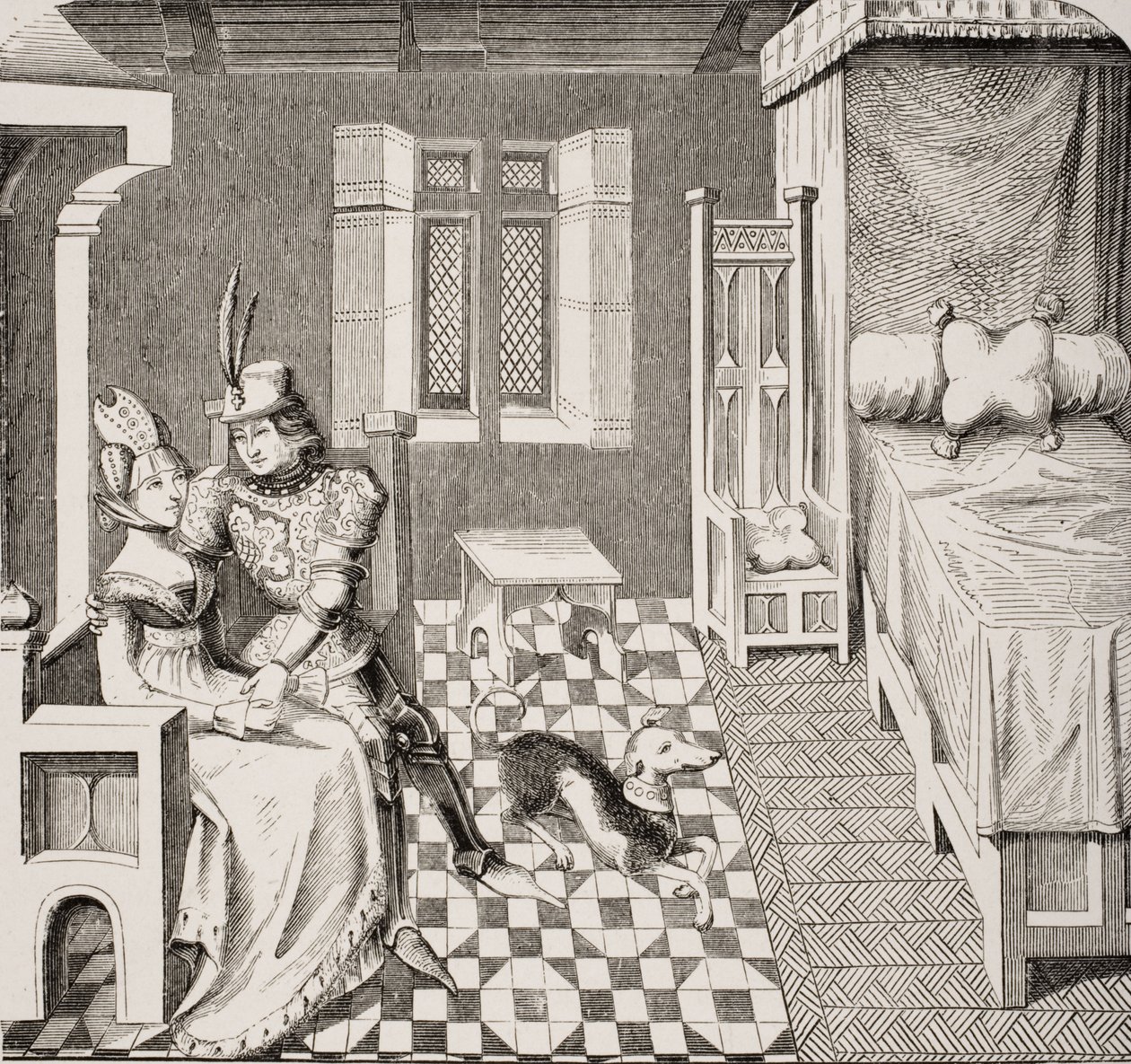 Il cavaliere e la sua dama, dopo una miniatura che illustra il poema 