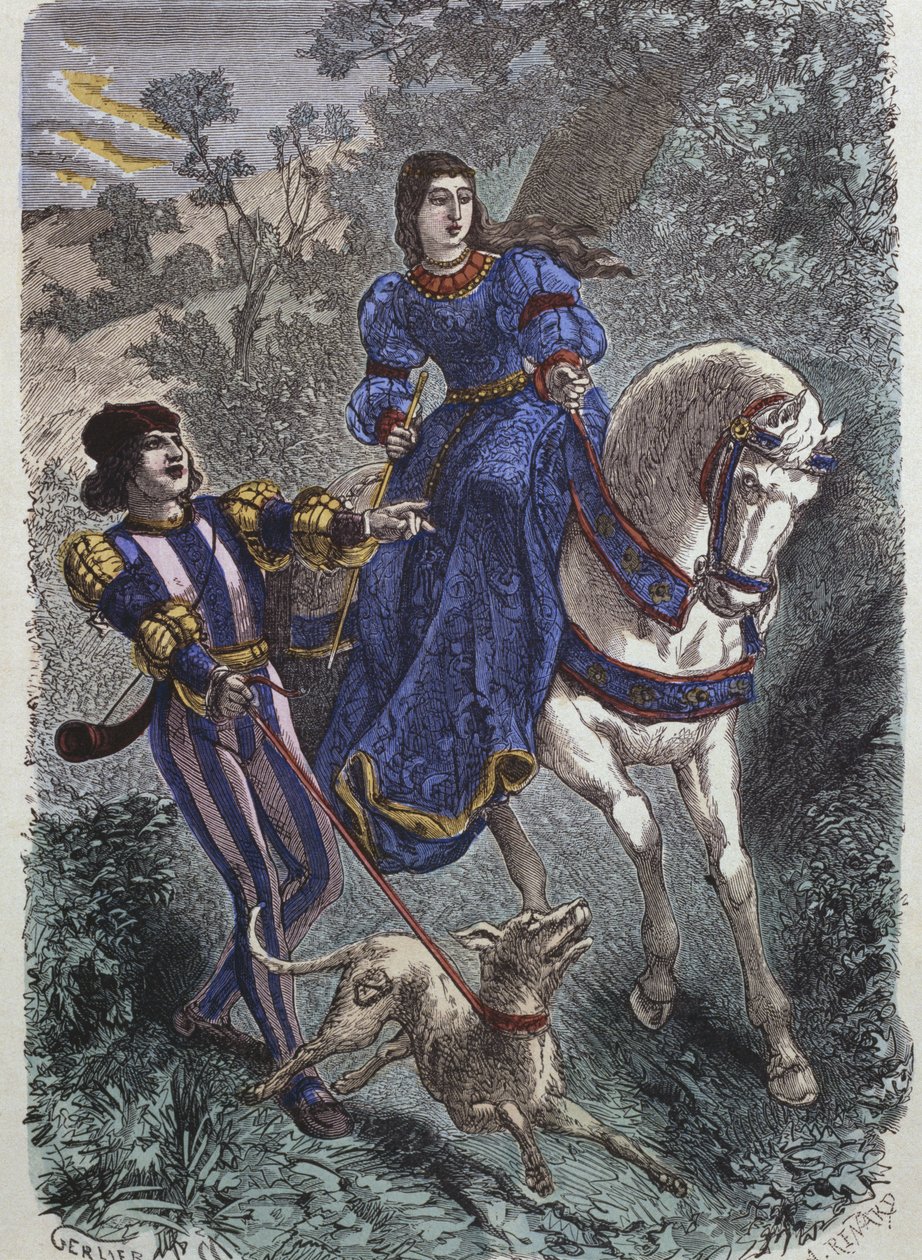 Costumi da caccia nel XV secolo, giovane donna a cavallo con il suo scudiero, illustrazione da 