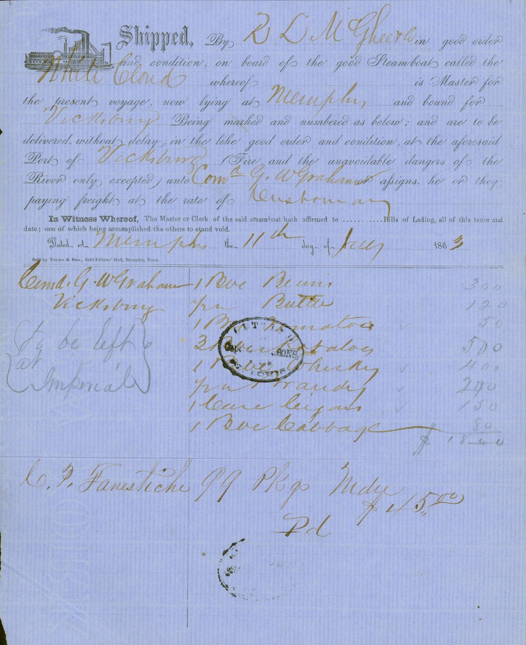 Il documento contiene il timbro del Capitano Charles Parsons, assistente quartiermastro a St. Louis da Unknown