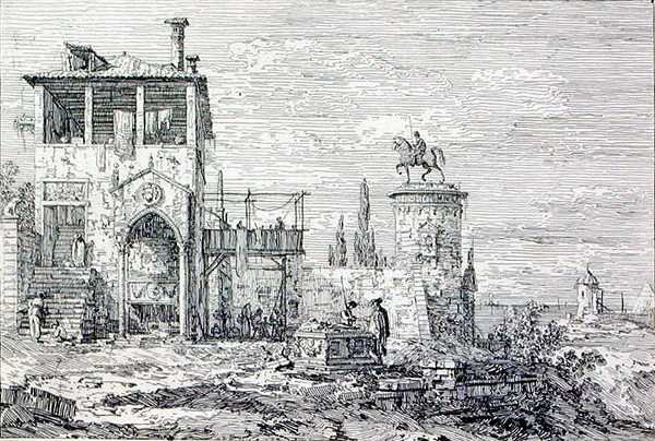 Paesaggio con un monumento equestre (incisione) da Canaletto
