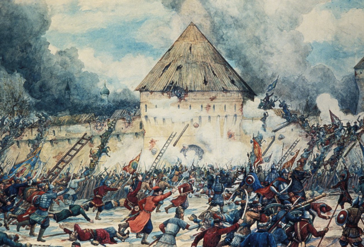 Battaglia con gli interventisti polacchi alla Porta Vladimir di Kitai-Gorod (Chinatown) a Mosca, 1612, acquerello di G. Lissner da Unknown