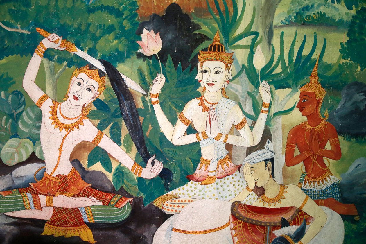 Affresco nel Wat Ampharam, Hua Hin, Thailandia. Buddha che si taglia i capelli e rinuncia alla sua vita precedente da Unknown