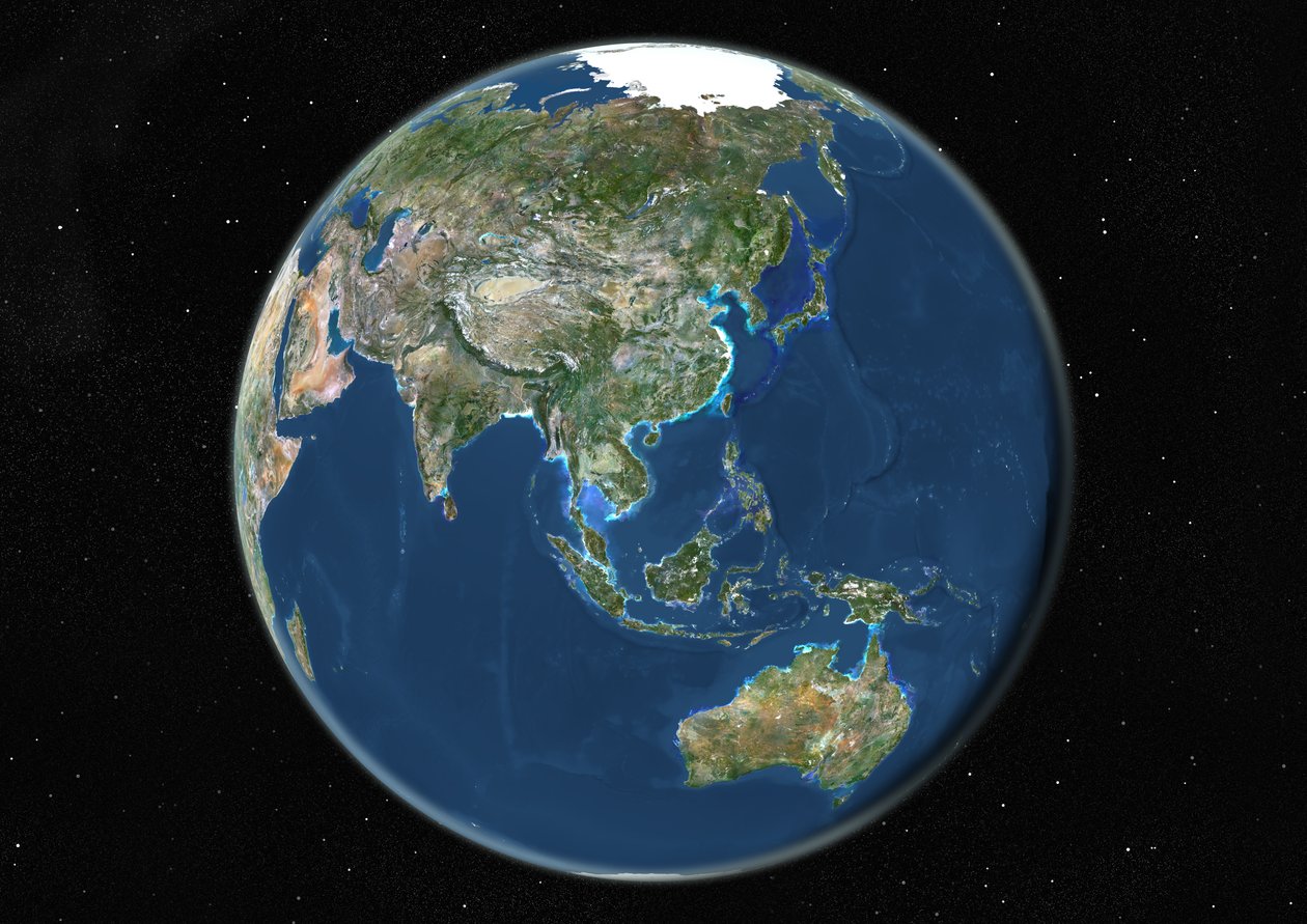 Globo centrato su Asia e Oceania, immagine satellitare a colori reali da Unknown