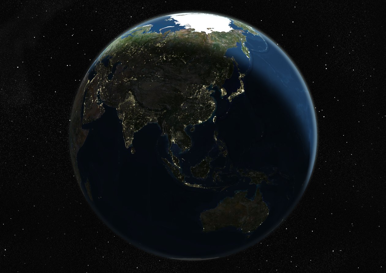 Globo centrato su Asia e Oceania, immagine satellitare a colori reali da Unknown