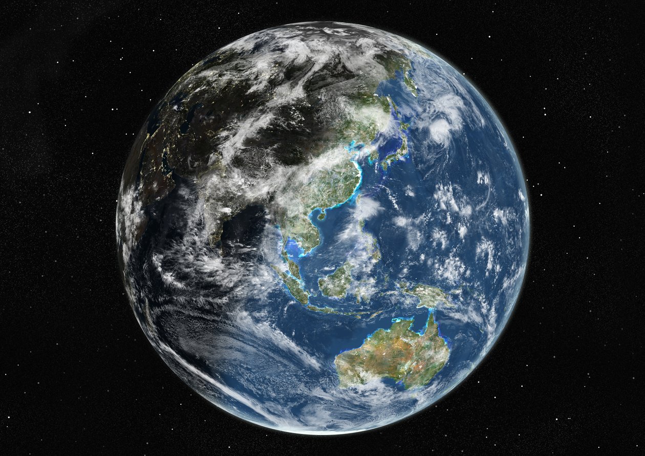 Globo centrato su Asia e Oceania, immagine satellitare a colori reali da Unknown