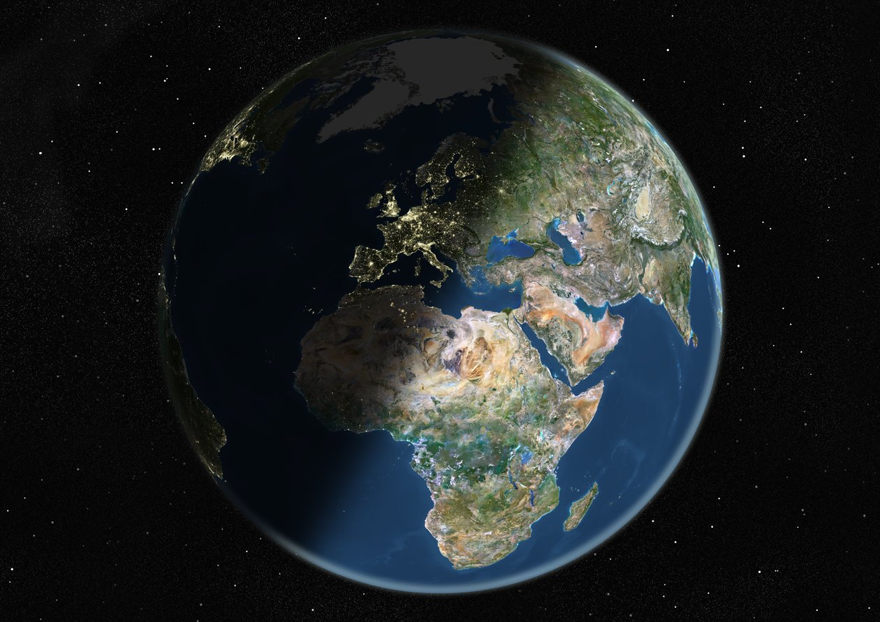 Globo centrato su Europa e Africa, immagine satellitare a colori reali da Unknown