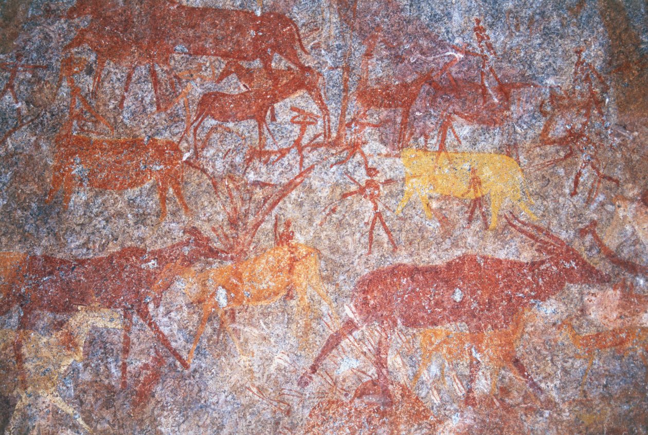 Pitture rupestri di Inanke fotografate in una grotta nel Parco Nazionale di Matobo, Zimbabwe. 1 aprile 1998 da Unknown