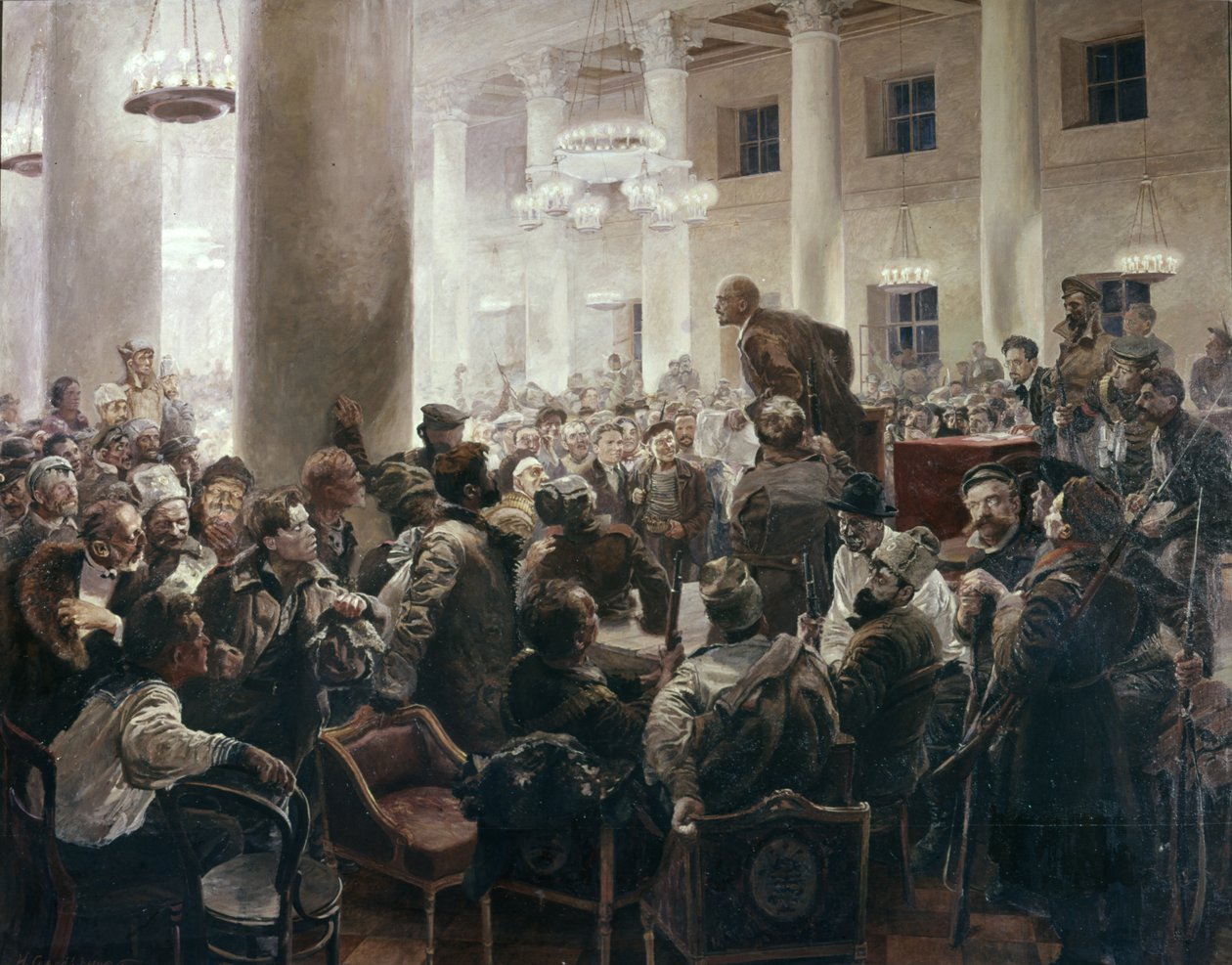 Lenin parla al Congresso dei Soviet di tutta la Russia di I. A. Serebrjany, Museo Centrale di Lenin, Leningrado, incontro di V. I. Lenin con N. K. Krupskaja da Unknown
