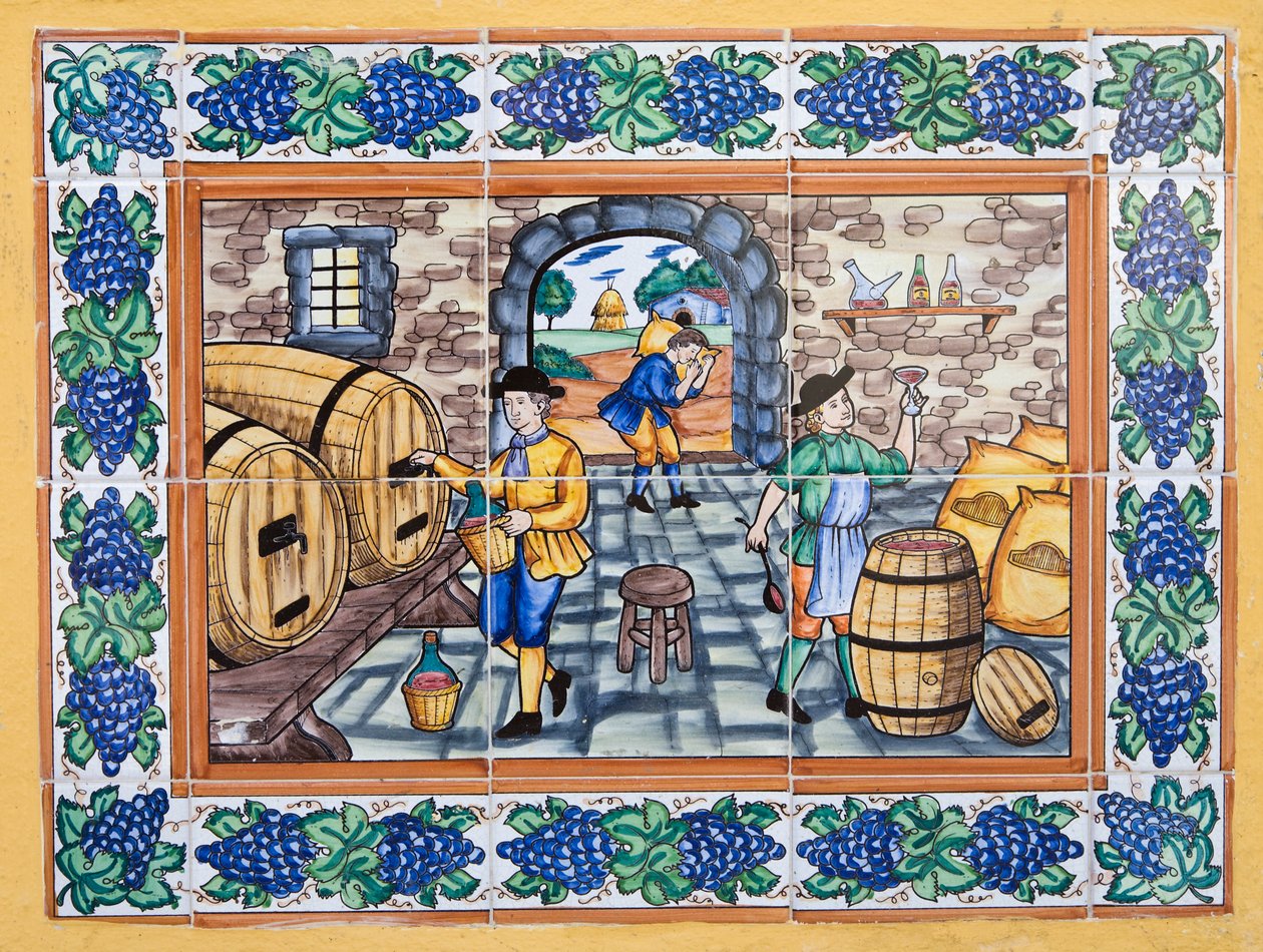 Piastrelle ceramiche spagnole moderne in stile del XVII o XVIII secolo che mostrano lavoratori nella cantina della vigna che controllano la qualità del vino da Unknown