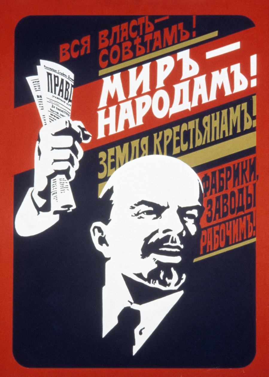 Poster di propaganda sovietica degli anni 1920, Tutto il potere ai soviet! Pace al popolo! Terra ai contadini! Fabbriche e mulini agli operai! da Unknown