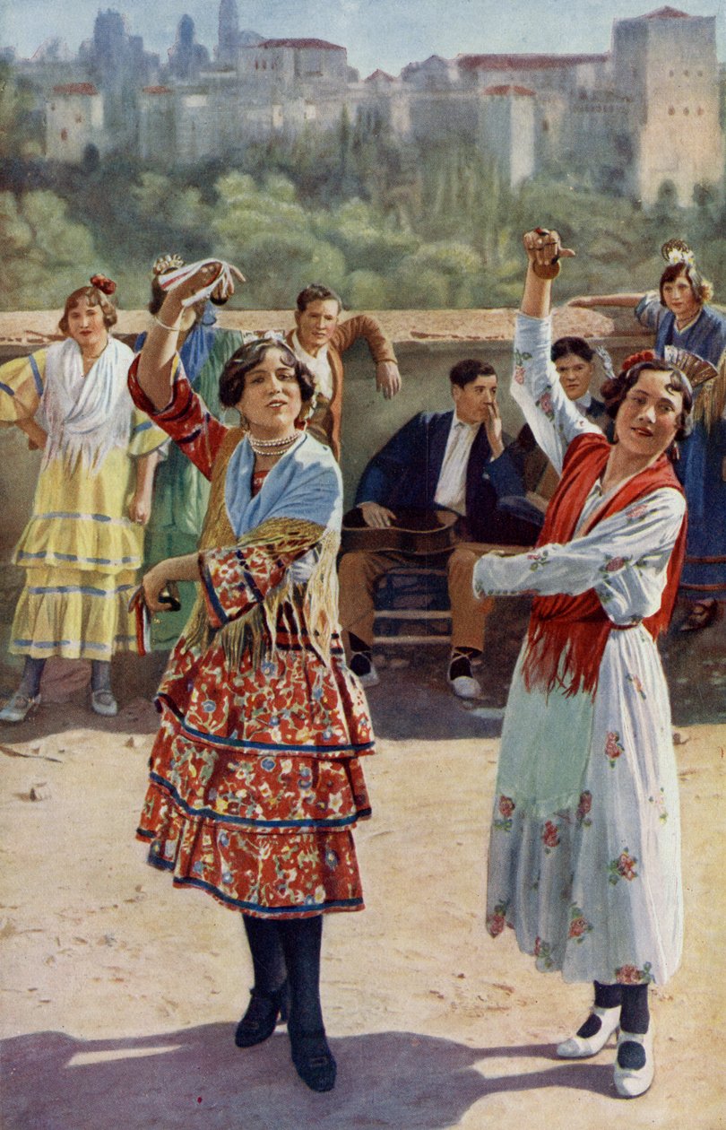 Spagna. Nacchere che si scontrano e chitarre che suonano accompagnano le danze ritmiche delle giovani gitane di Granada. 1920 da Unknown
