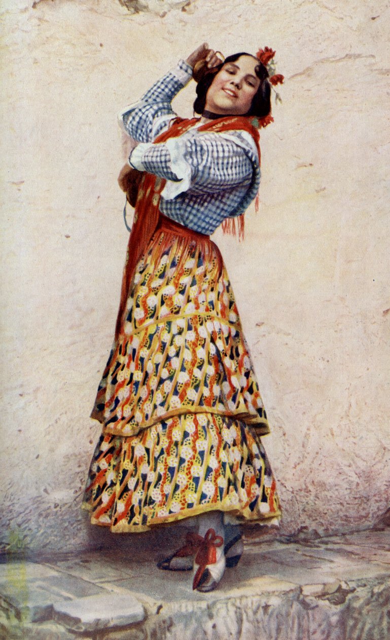 Spagna. Ragazza gitana di Granada con capelli nero-blu danza divinamente. 1920 da Unknown