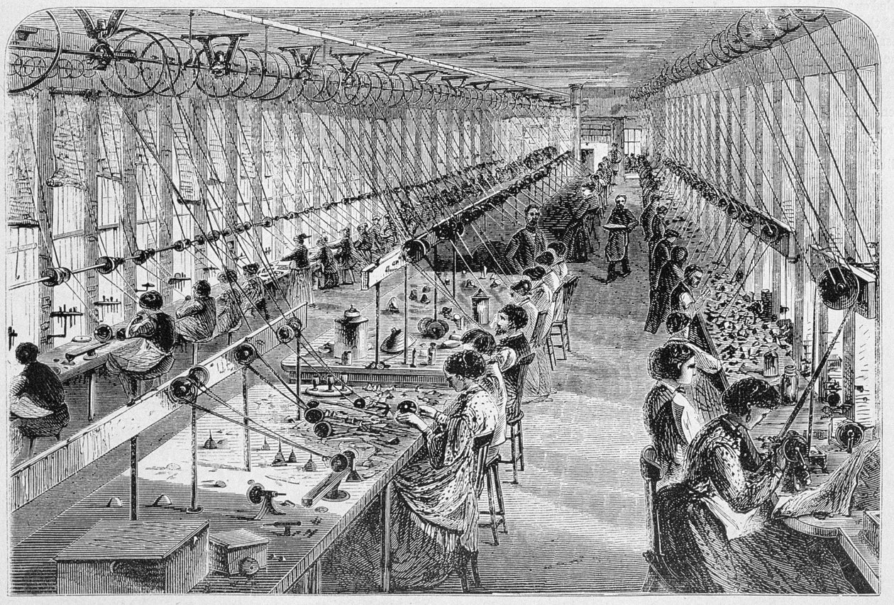 Donne in una fabbrica di orologi a Waltham, Massachusetts, 1870 da American School