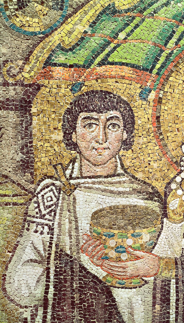 Imperatrice Teodora con la sua corte di due ministri e sette donne, c.547 d.C. (mosaico) (dettaglio) da Byzantine School