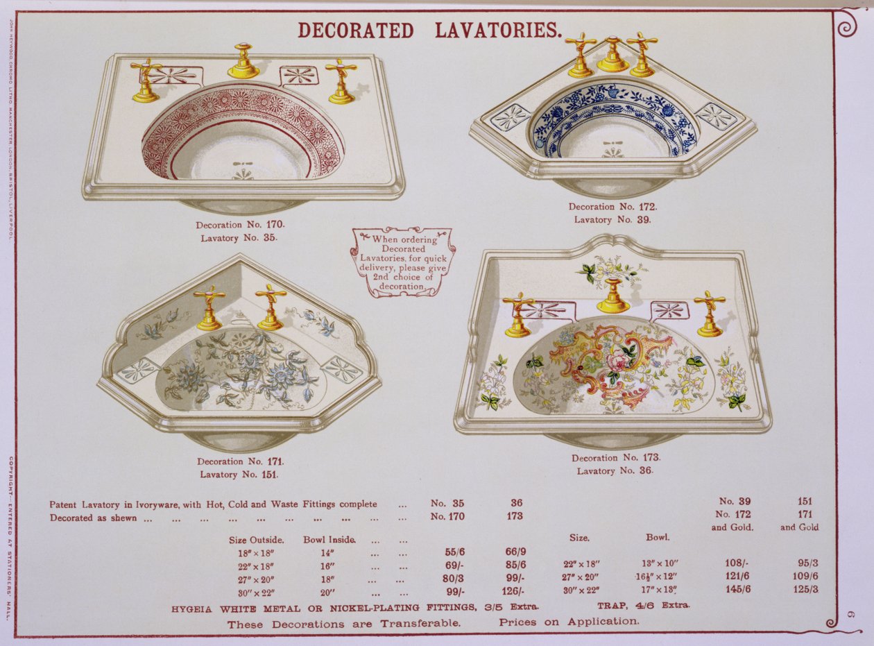 Bagni decorati da un catalogo di articoli sanitari prodotti da Morrison, Ingram & Co., Manchester, pubblicato c.1890 da English School