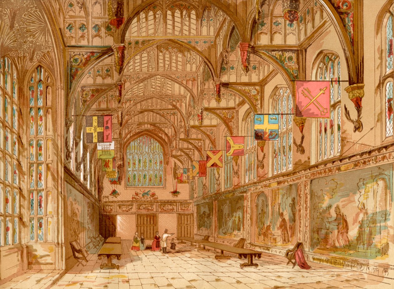 La grande sala, Hampton Court Palace, Londra, Inghilterra, da Old England: A Pictorial Museum, pub. 1847 da English School