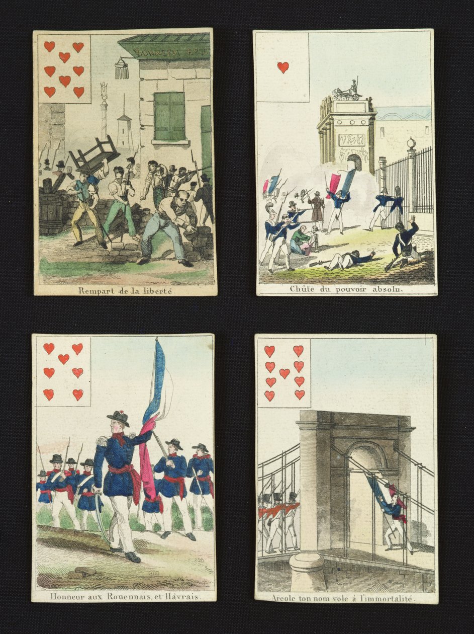 Quattro carte da gioco commemorative degli eroi di luglio 1830, 1831 da French School