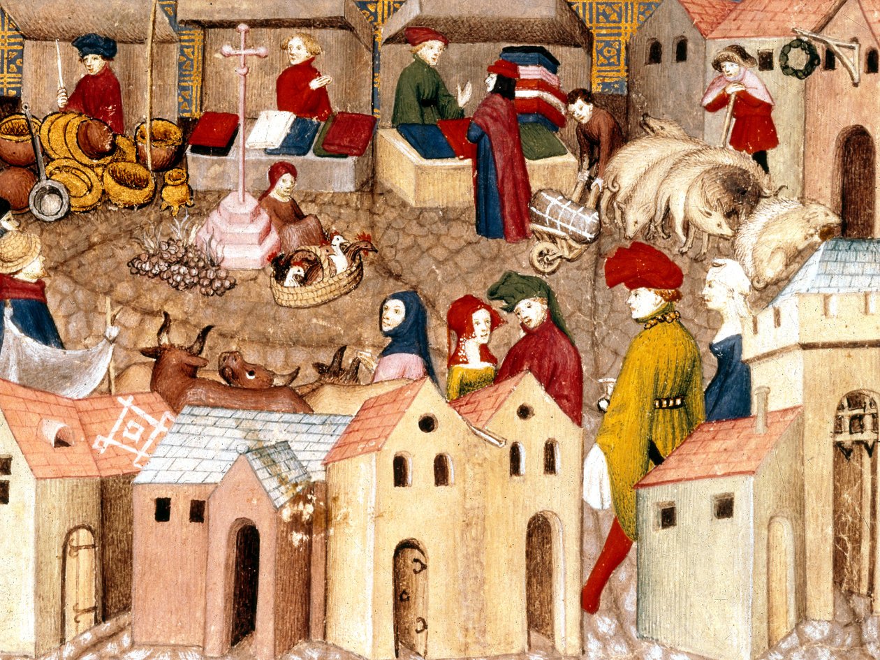 Fr 12559 fol.167 Il mercato, illuminazione da Le Chevalier errant di Thomas III de Saluces, Parigi, c.1400-05 da French School