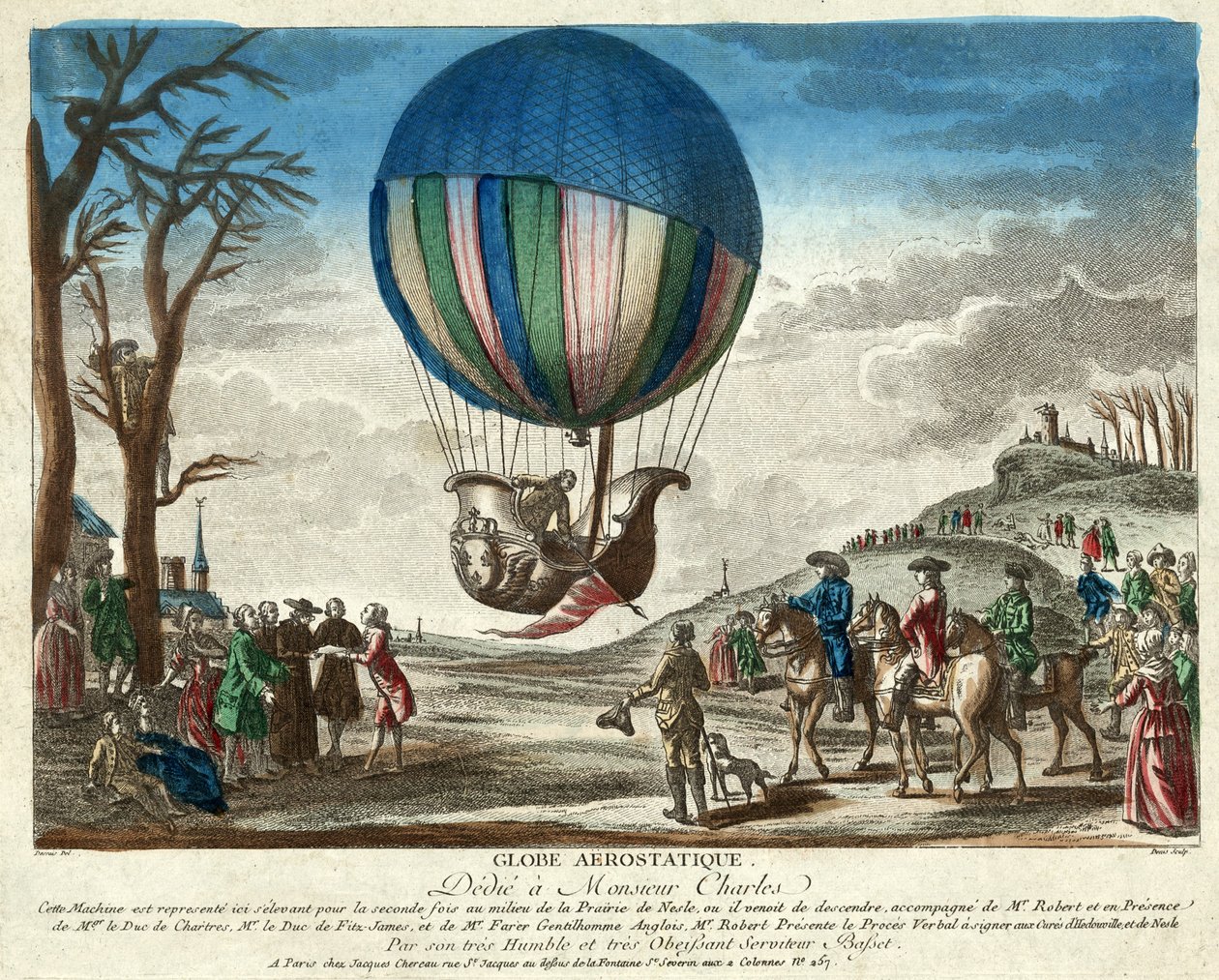 Globo Aerostatico, Dedicato a Monsieur Charles, pub. 1783 da French School