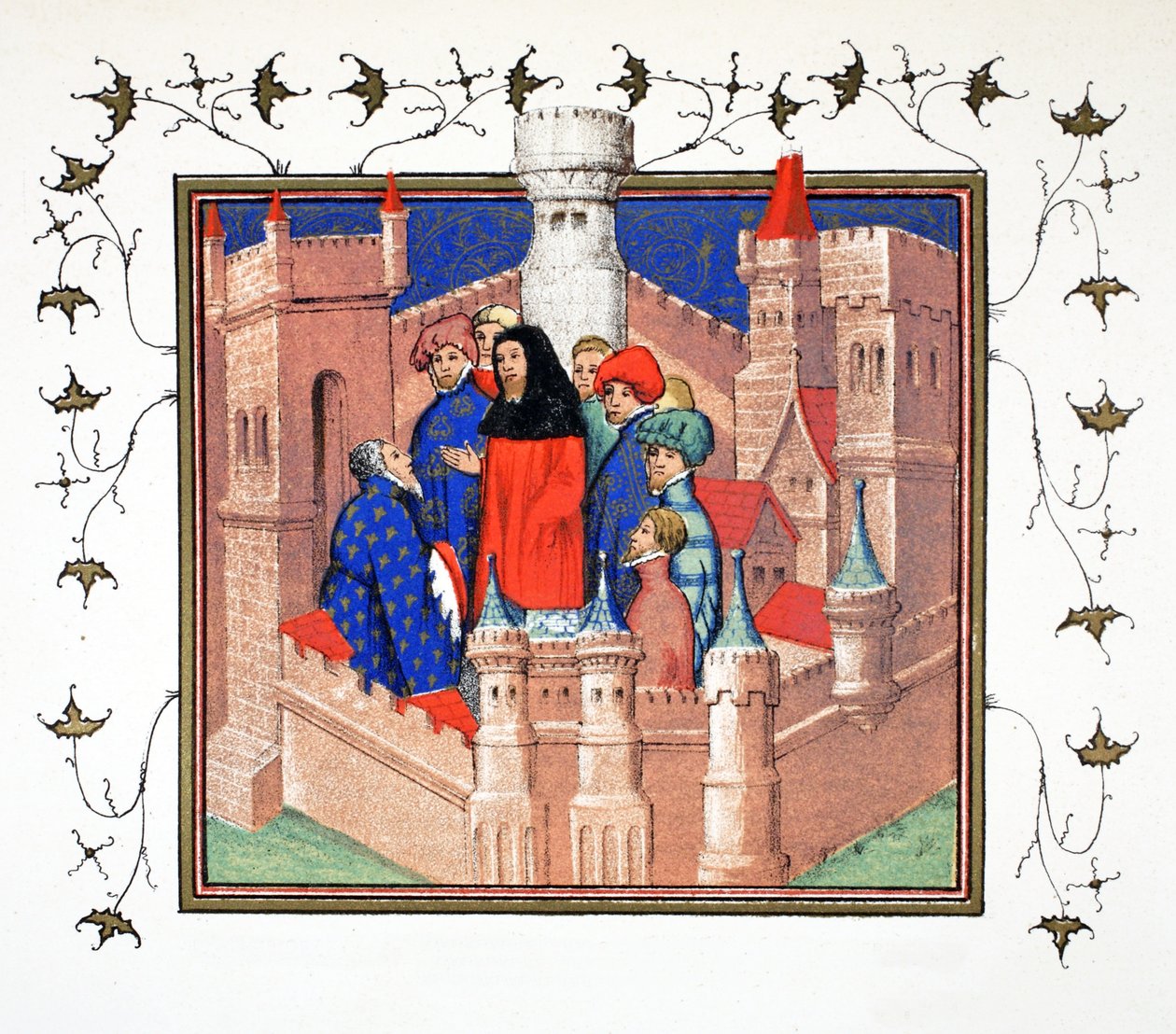 Interno del castello di Conway e il conte di Northumberland che consegna il suo falso messaggio a Riccardo II, copia facsimile da Le Prinse et Mort du Roy Richart di Jean Creton, ristampa XIX secolo (colore) da French School