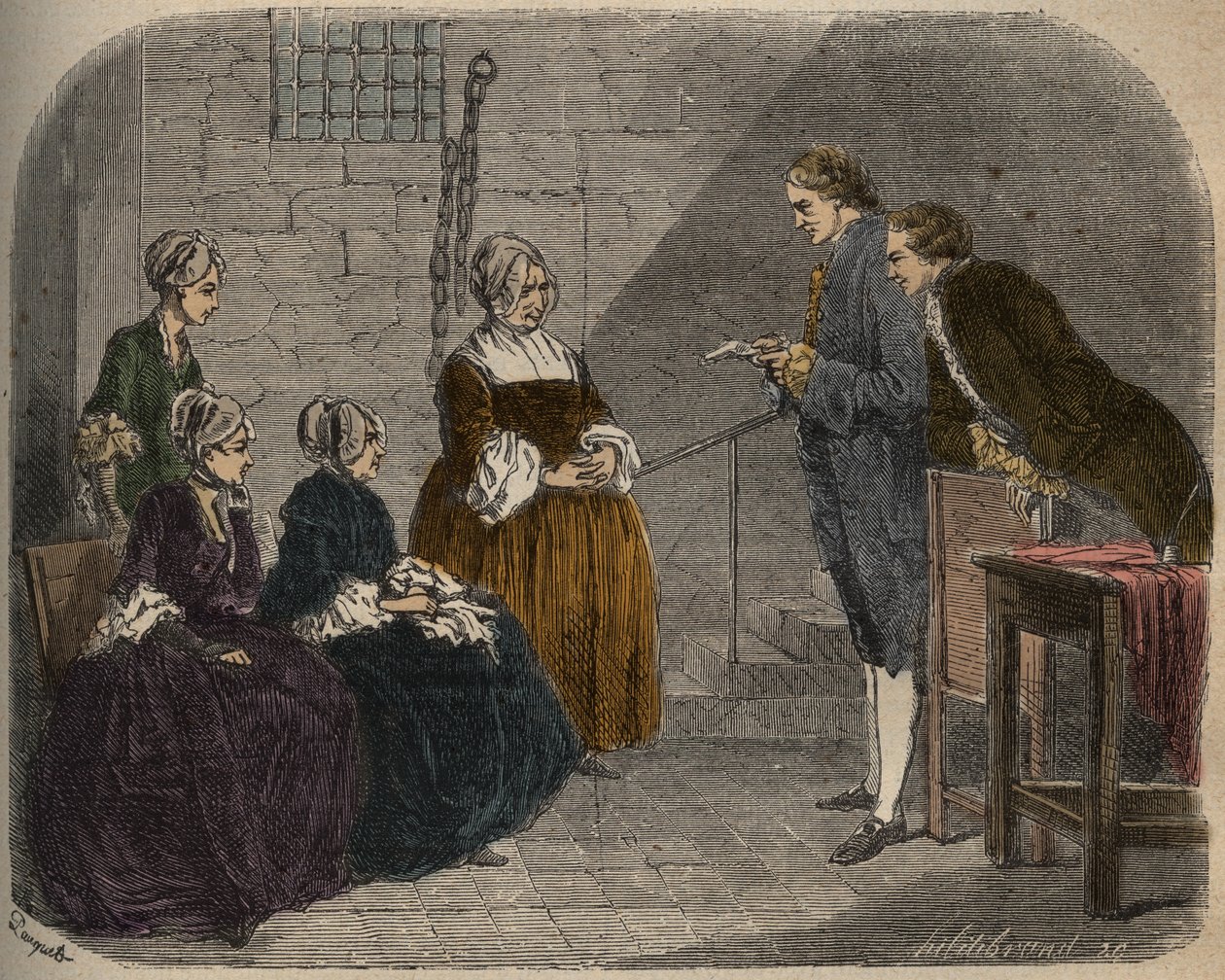Madame Calas, con le sue due figlie, ascolta il verdetto del processo del marito, Jean, illustrazione da Causes célèbres de tous les peuples, di Armand Fouquier, 1858-67 da French School