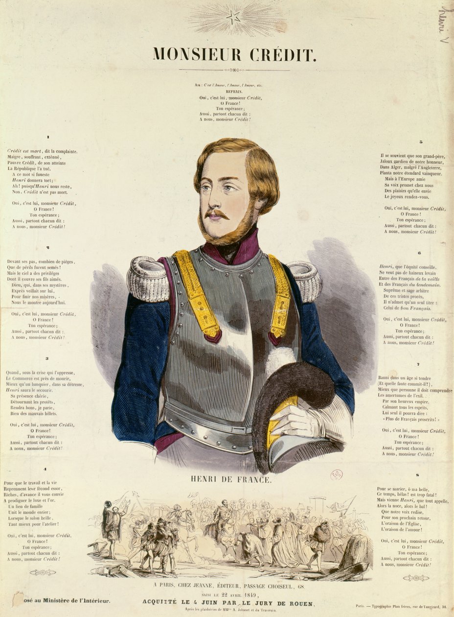 Monsieur Credit, propaganda realista francese che elogia Henri Charles Ferdinand Marie Dieudonné de France, Duca di Bordeaux, Conte di Chambord da French School