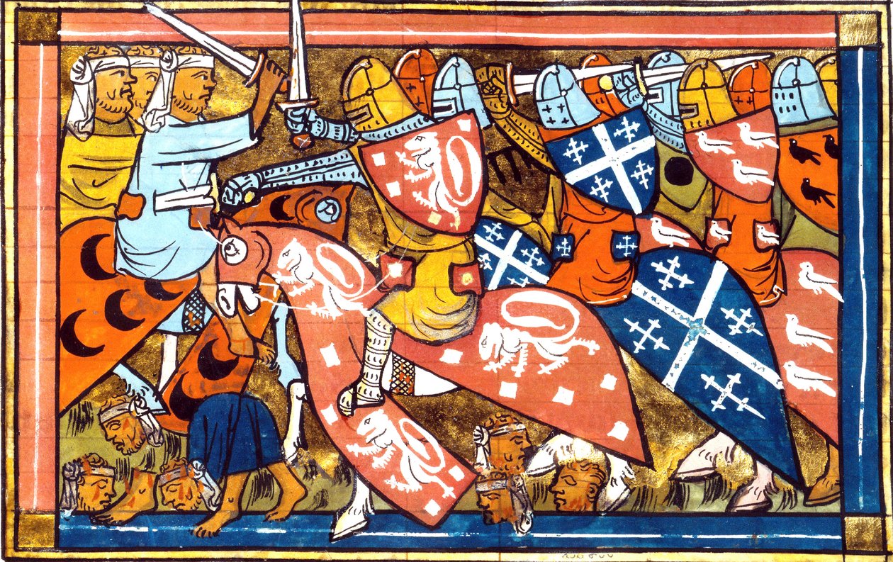 Ms FR 22495 f.265v Battaglia di Damietta in Egitto nel 1218-1219, durante la quinta crociata (1217-1221) da Historia di Guillaume de Tyr, 1337 da French School
