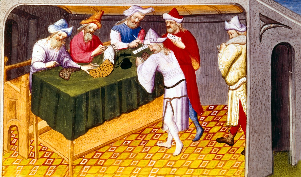 Ms Fr 2810 f.69, Tassa imposta da Gengis Khan su sale, zucchero e spezie nella città di Quinsay, dal Livre des Merveilles du Monde, c.1410-12 da French School
