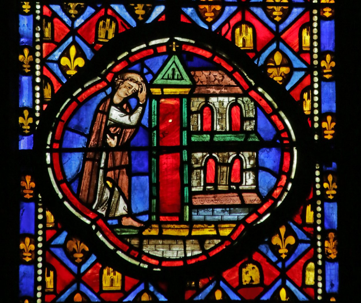 Vetrata raffigurante Teofilo che costruisce una chiesa da French School