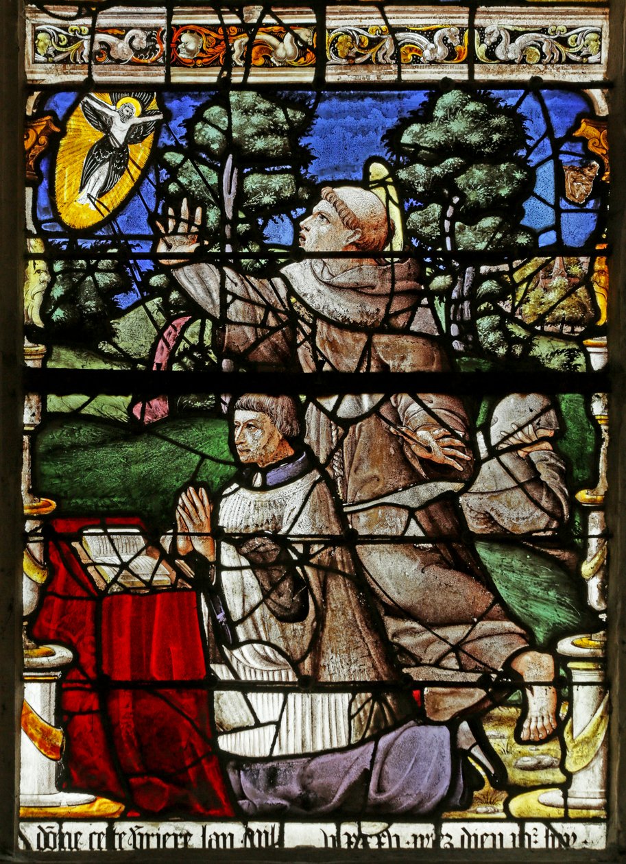 Vetrata raffigurante il donatore con San Francesco che riceve le Stimmate da French School