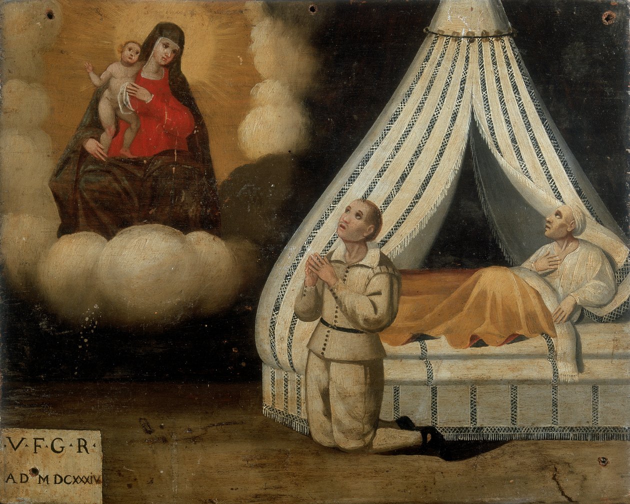 Un uomo a letto durante una malattia; a sinistra, lo stesso uomo prega la Madonna dell
