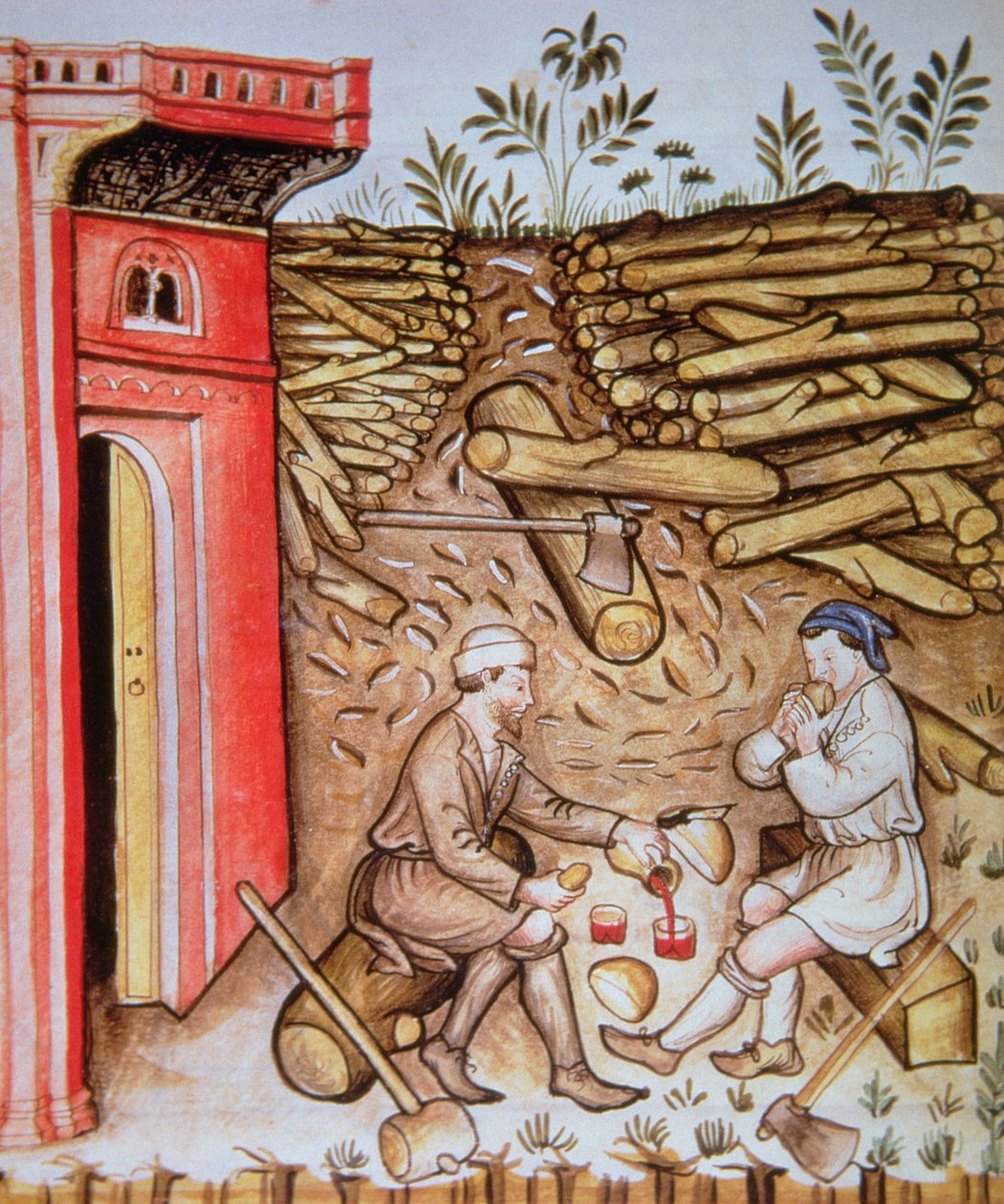 Mangiare pane e bere vino, illustrazione dal Tacuinum Sanitatis Codex Vindobonensis da Italian School
