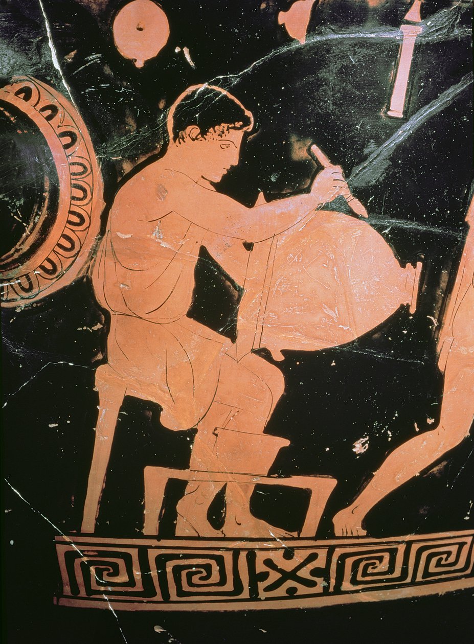Cratere a campana a figure rosse attiche, dettaglio che mostra un vasaio che dipinge un cratere a campana, c.430-425 a.C. (dettaglio) da Komaris Painter