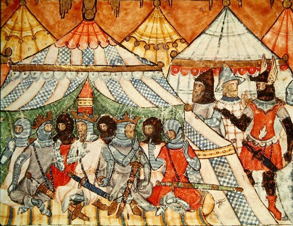Fol.115r Calcante che persuade i Greci a non marciare su Troia, dal Codice Benito Santa Mora da Spanish School