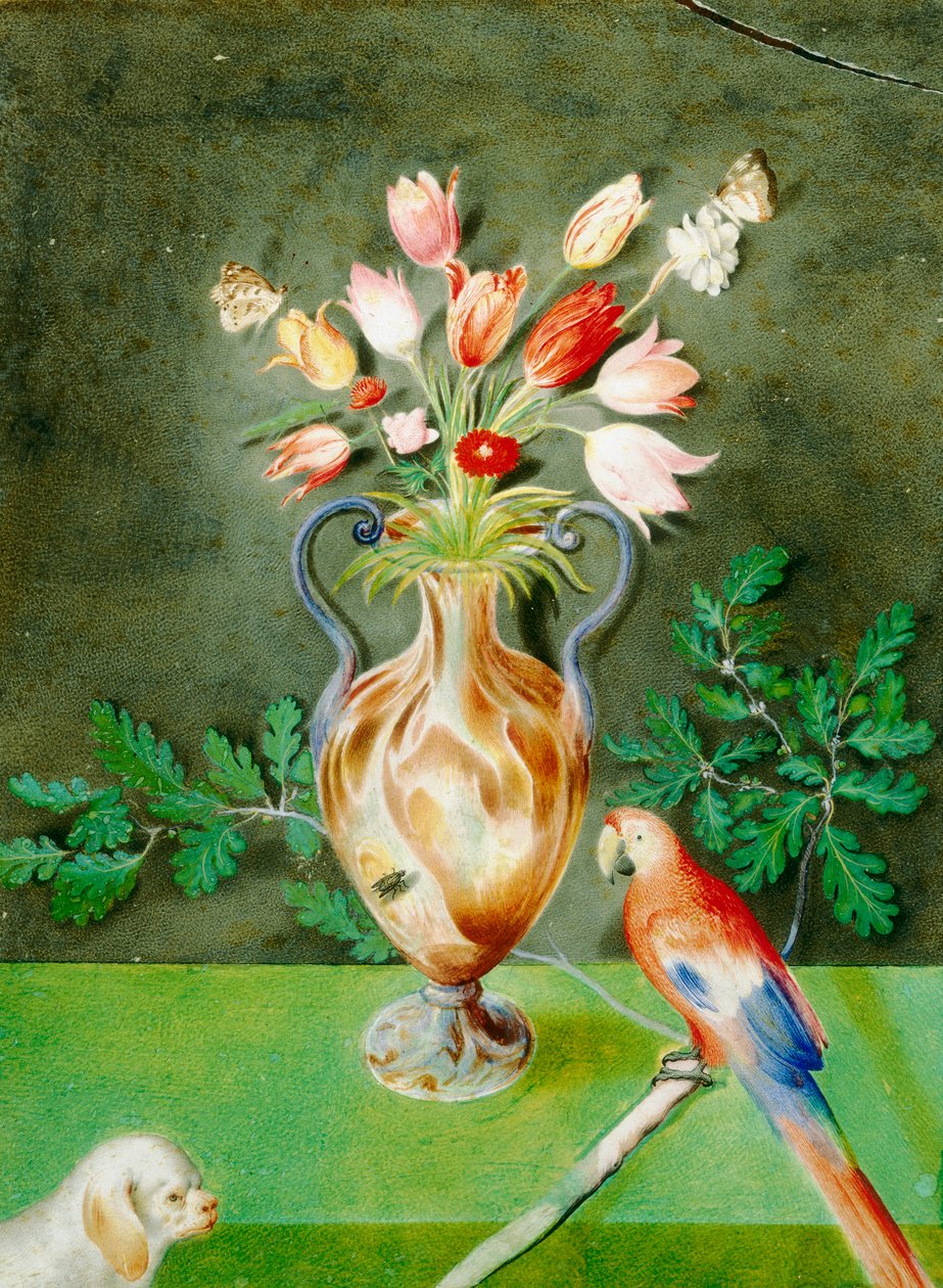 Vaso di fiori, pappagallo e cagnolino, c.1600-25 da Unknown
