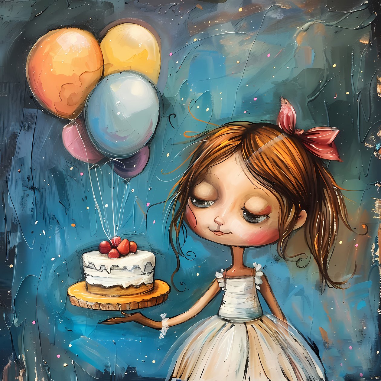 Una ragazza che tiene una torta di compleanno e palloncini da F. Abderrahim