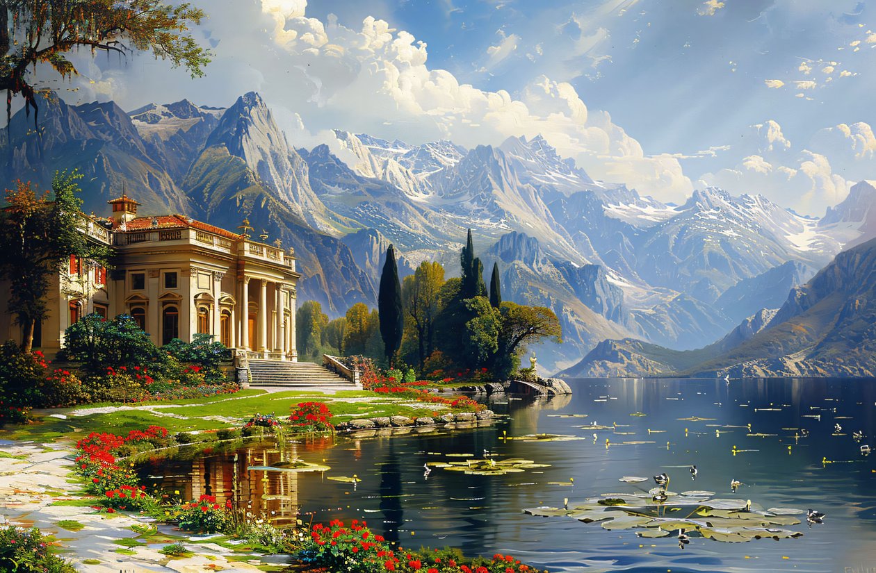 Dipinto di paesaggio urbano: villa in stile Grecia antica e lago per decorazione da parete da F. Abderrahim