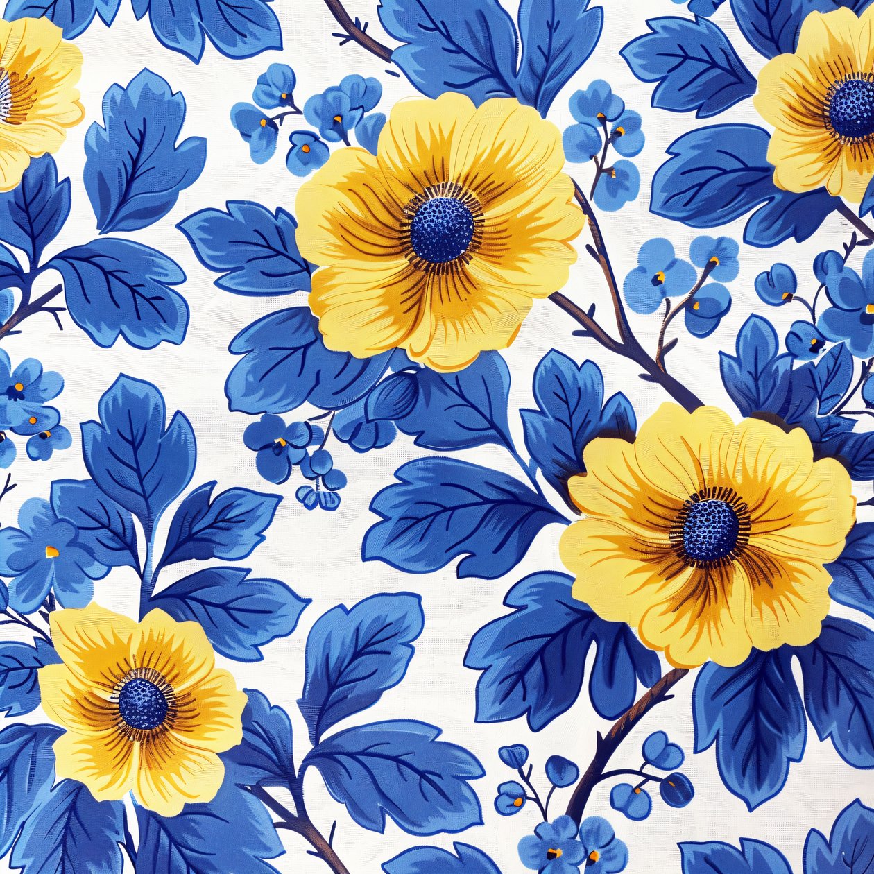 Motivo floreale blu e giallo per stampe d