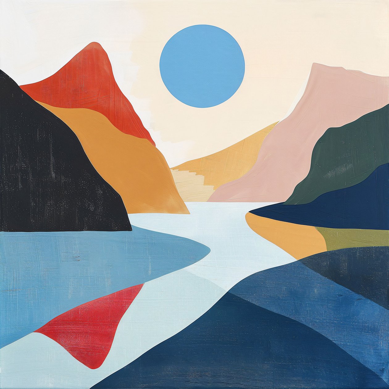 Vista del lago, paesaggio astratto, forme geometriche minimaliste per decorazione murale da F. Abderrahim