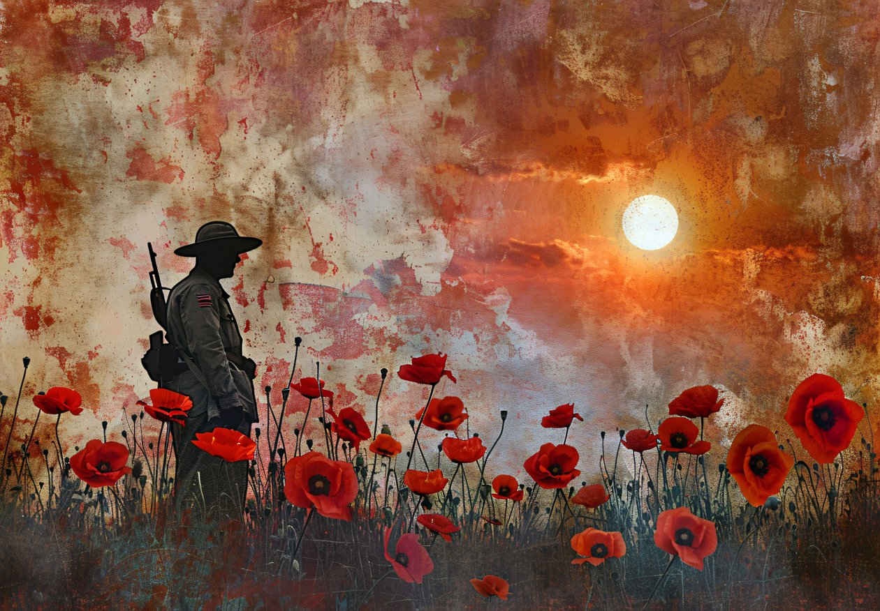 Silhouette di un soldato in un campo di papaveri da F. Abderrahim